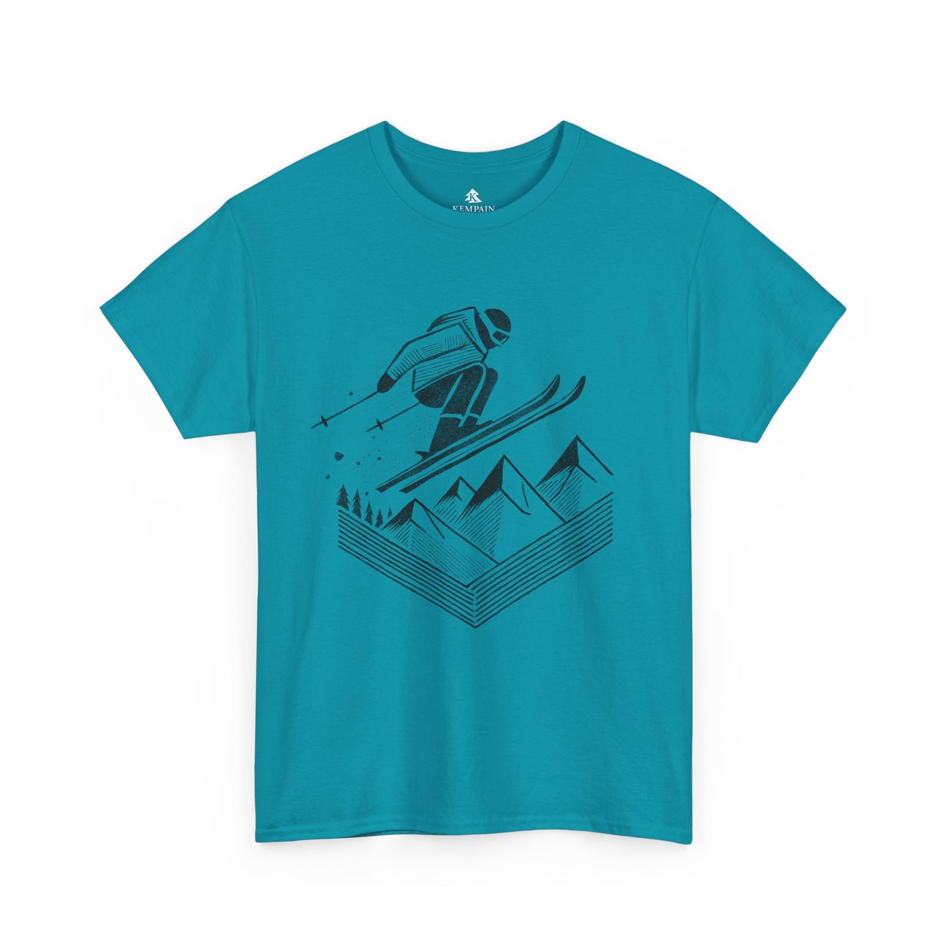 The Skier’s Drop 100 percent cotton Women’s T-Shirt by Kempain, Tropical Blue, available in sizes Small through 5XL.