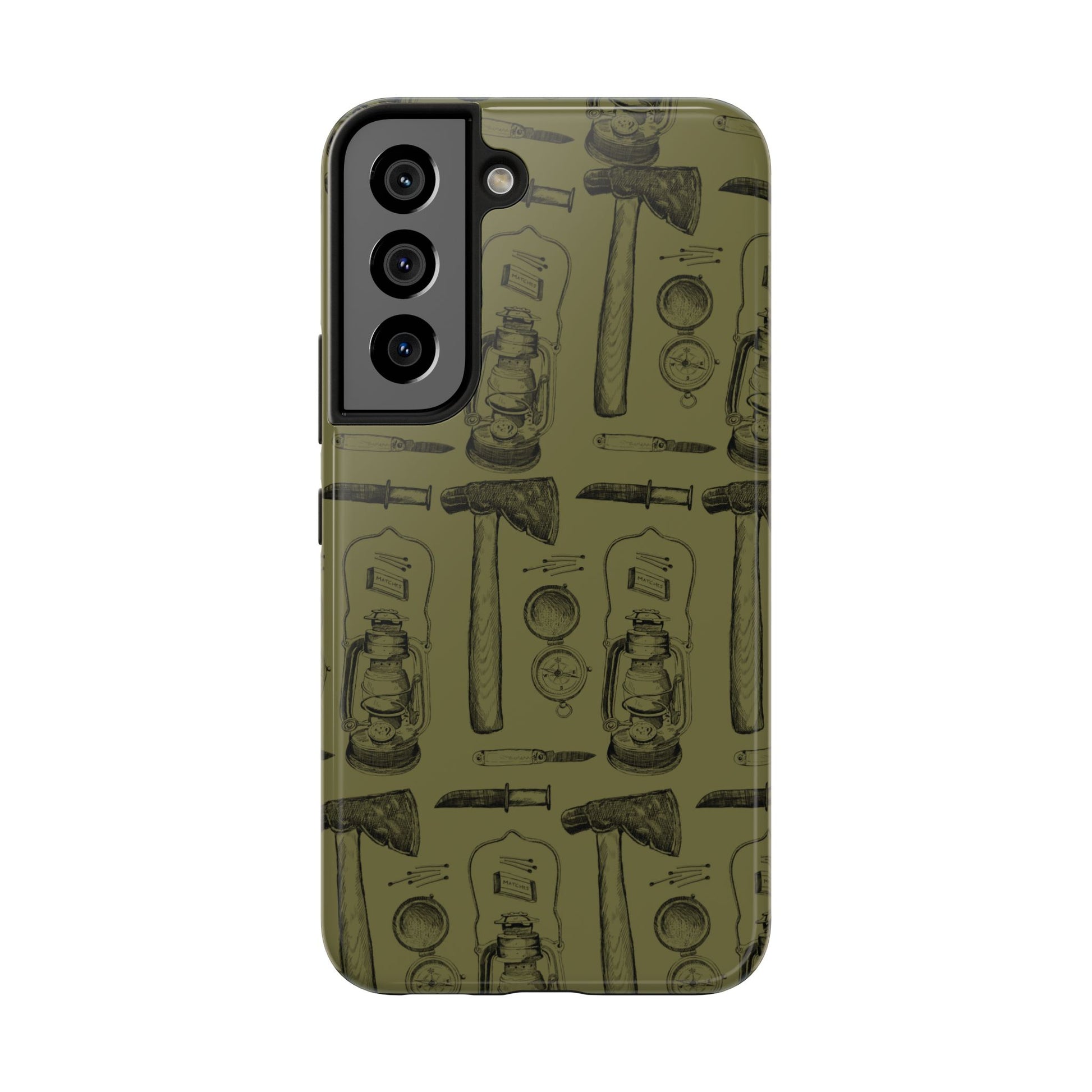 The Survivalist illustrated vintage survival gear pattern design for Phone Case by Kempain-Samsung Galaxy S22