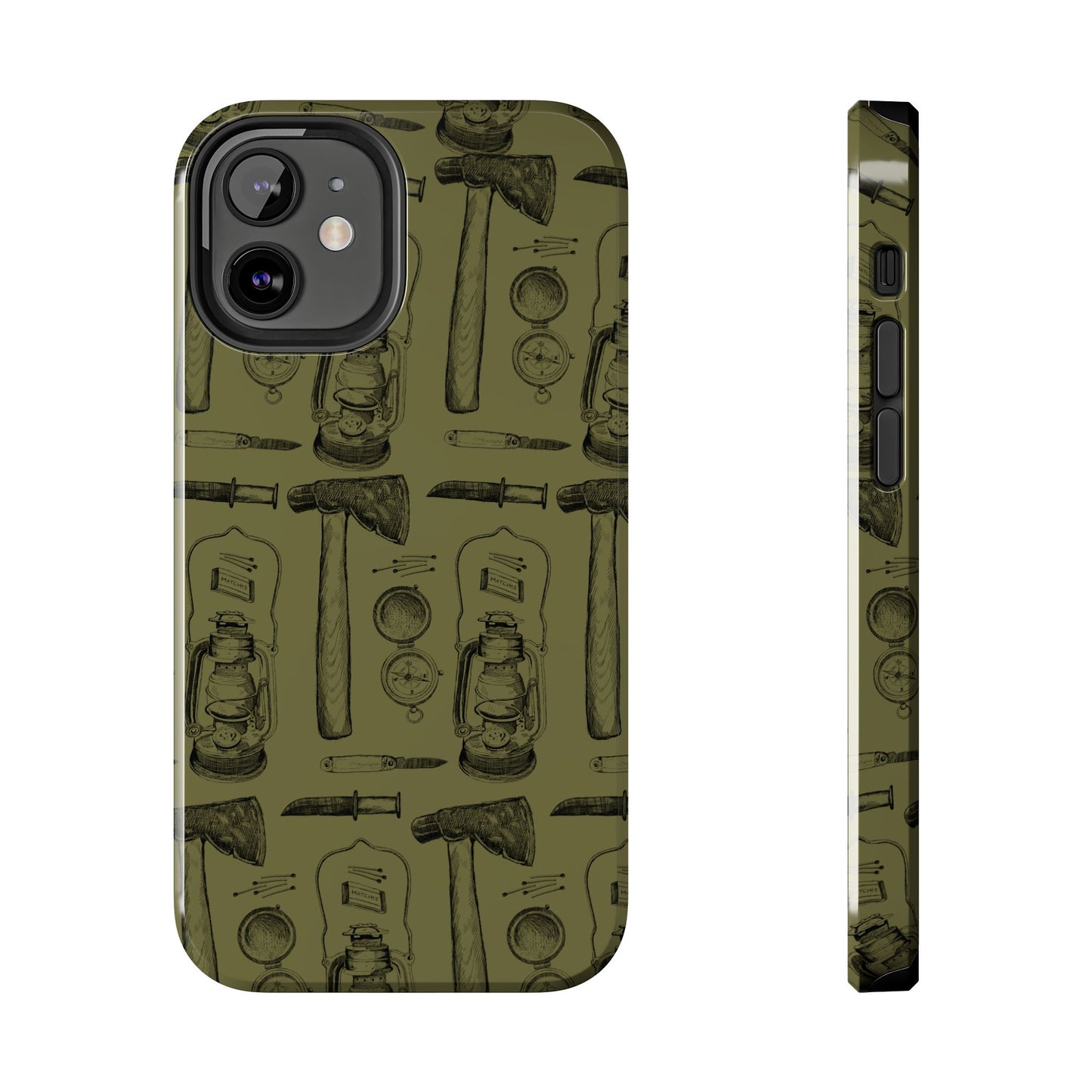 The Survivalist illustrated vintage survival gear pattern design for Phone Case by Kempain-iPhone 12 Mini