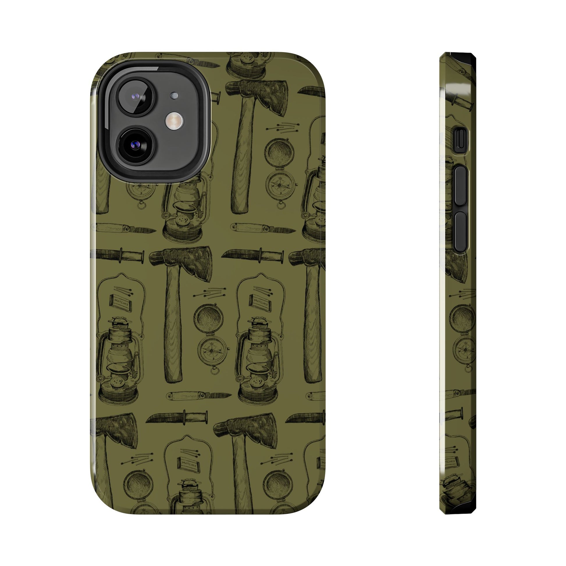 The Survivalist illustrated vintage survival gear pattern design for Phone Case by Kempain-iPhone 12 Mini