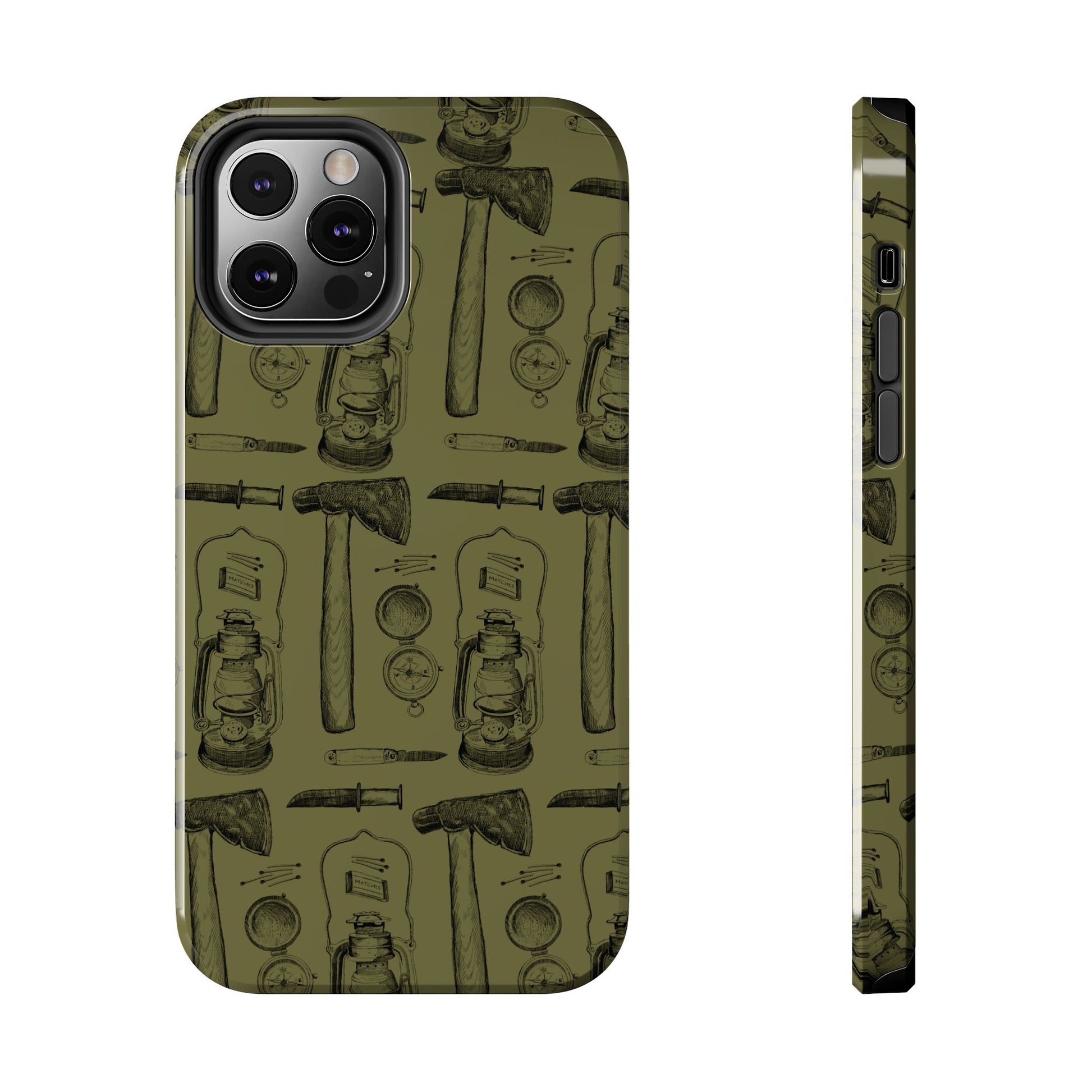 The Survivalist illustrated vintage survival gear pattern design for Phone Case by Kempain-iPhone 12 Pro