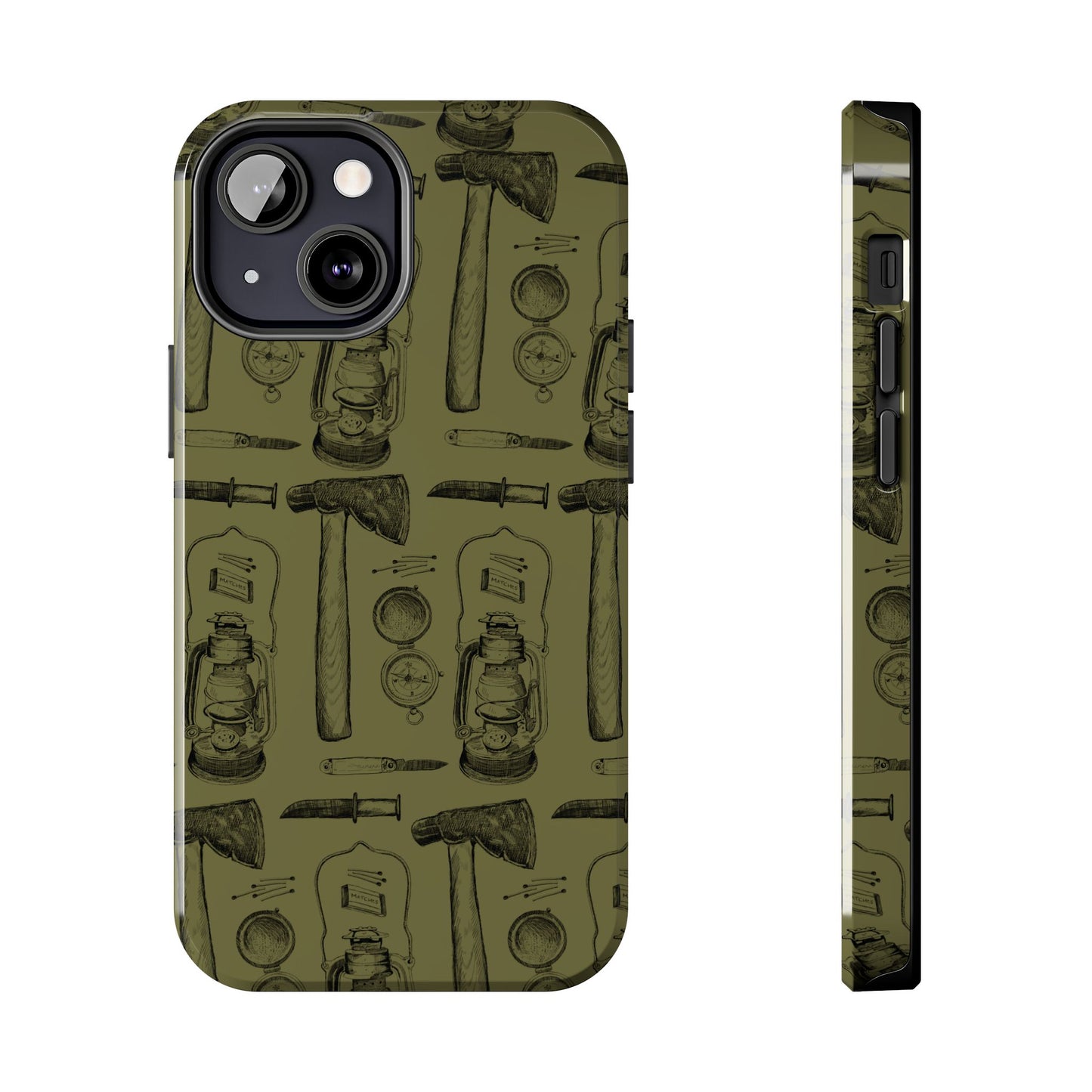 The Survivalist illustrated vintage survival gear pattern design for Phone Case by Kempain-iPhone 13 Mini