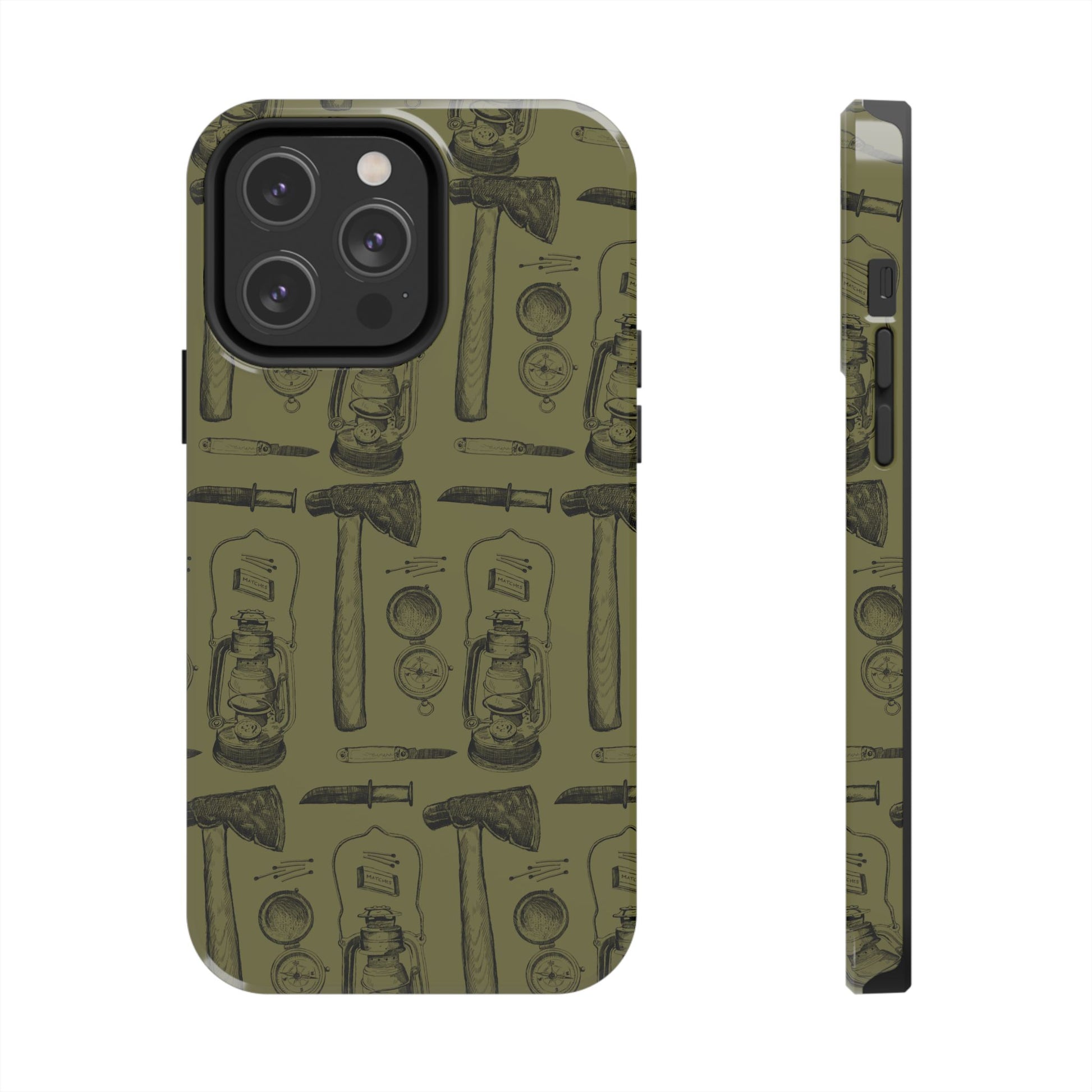 The Survivalist illustrated vintage survival gear pattern design for Phone Case by Kempain-iPhone 14 Pro Max