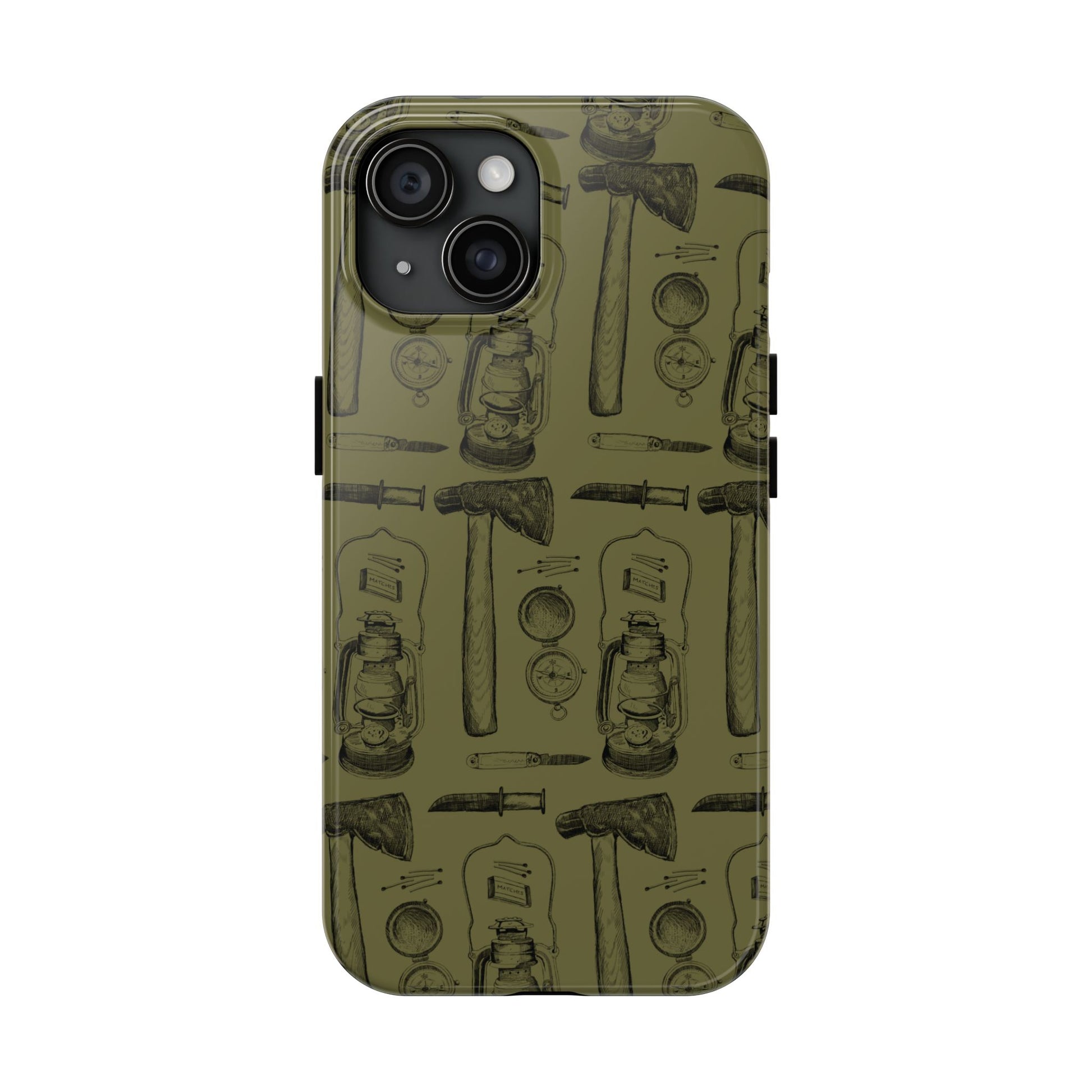 The Survivalist illustrated vintage survival gear pattern design for Phone Case by Kempain-iPhone 15