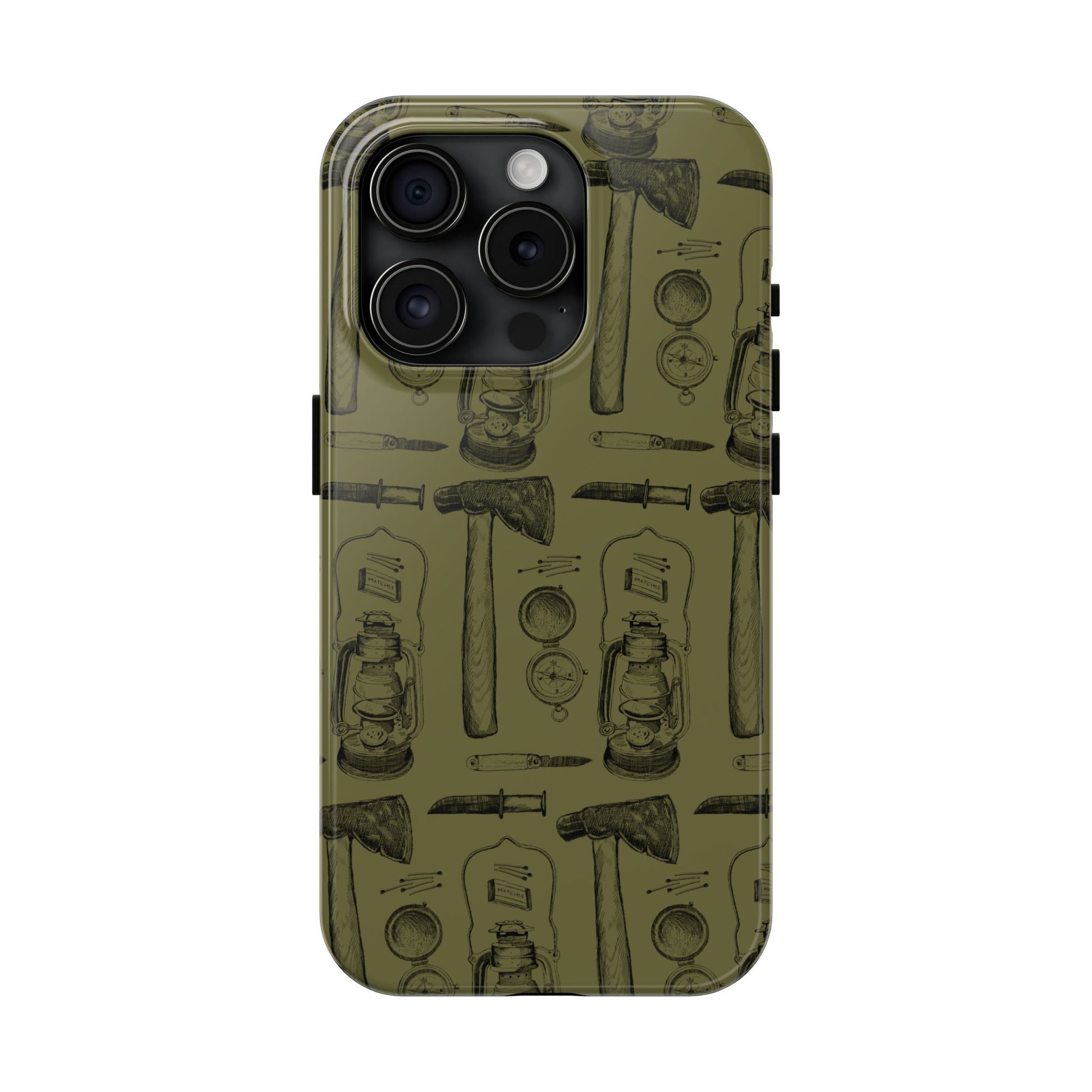 The Survivalist illustrated vintage survival gear pattern design for Phone Case by Kempain-iPhone 15 Pro