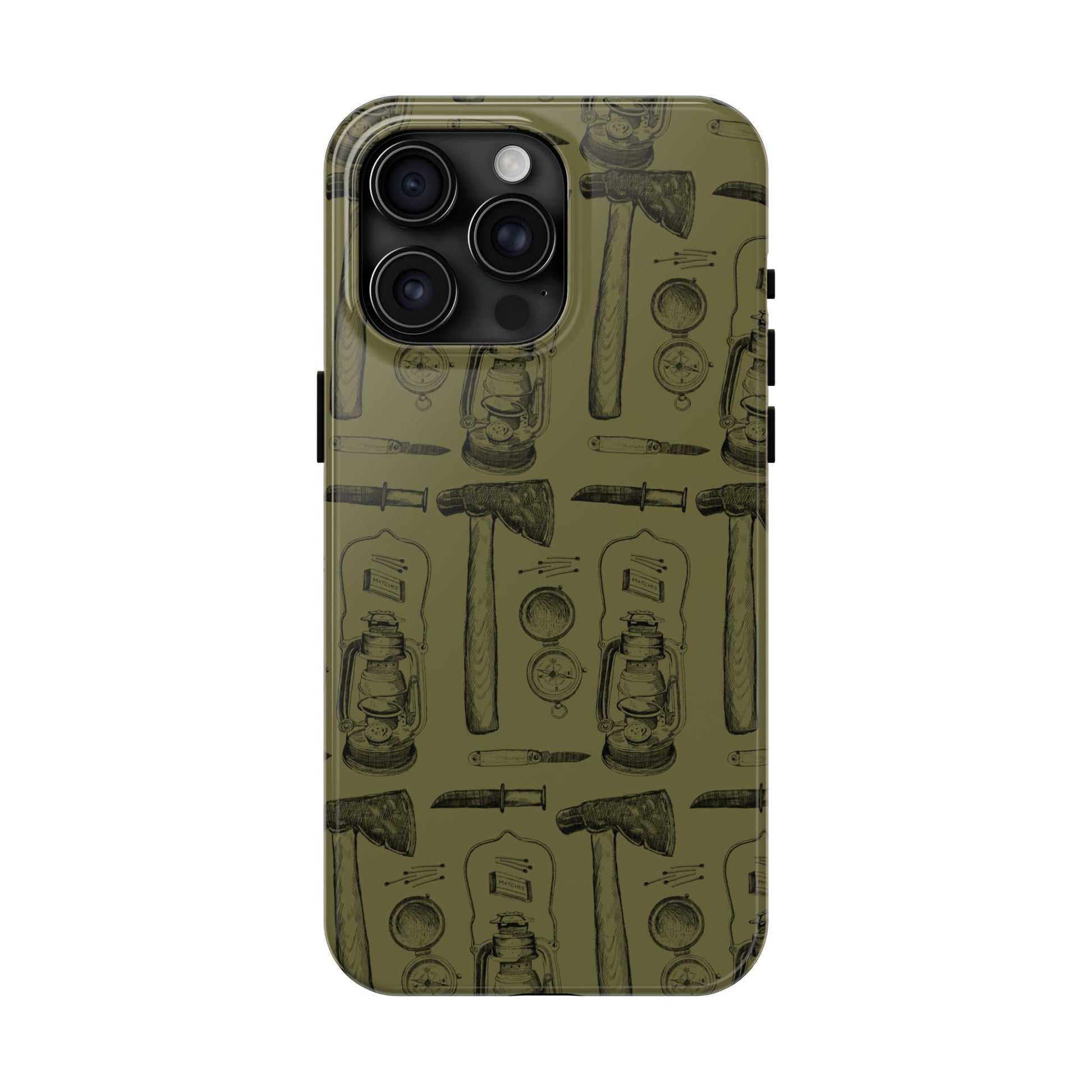 The Survivalist illustrated vintage survival gear pattern design for Phone Case by Kempain-iPhone 15 Pro Max