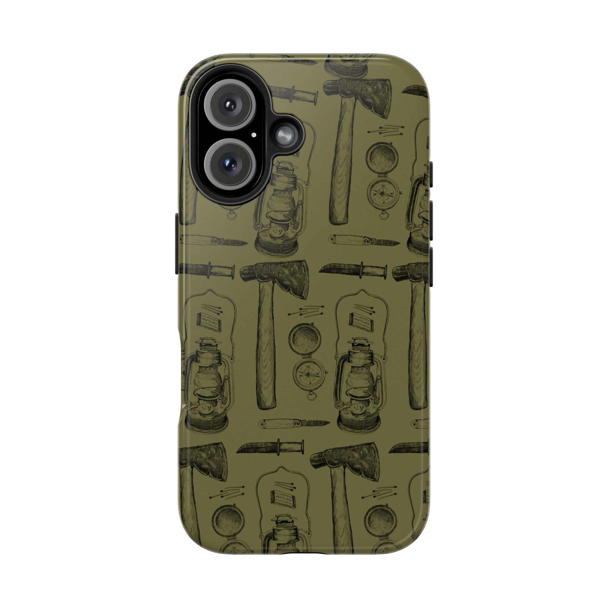 The Survivalist illustrated vintage survival gear pattern design for Phone Case by Kempain-iPhone 16