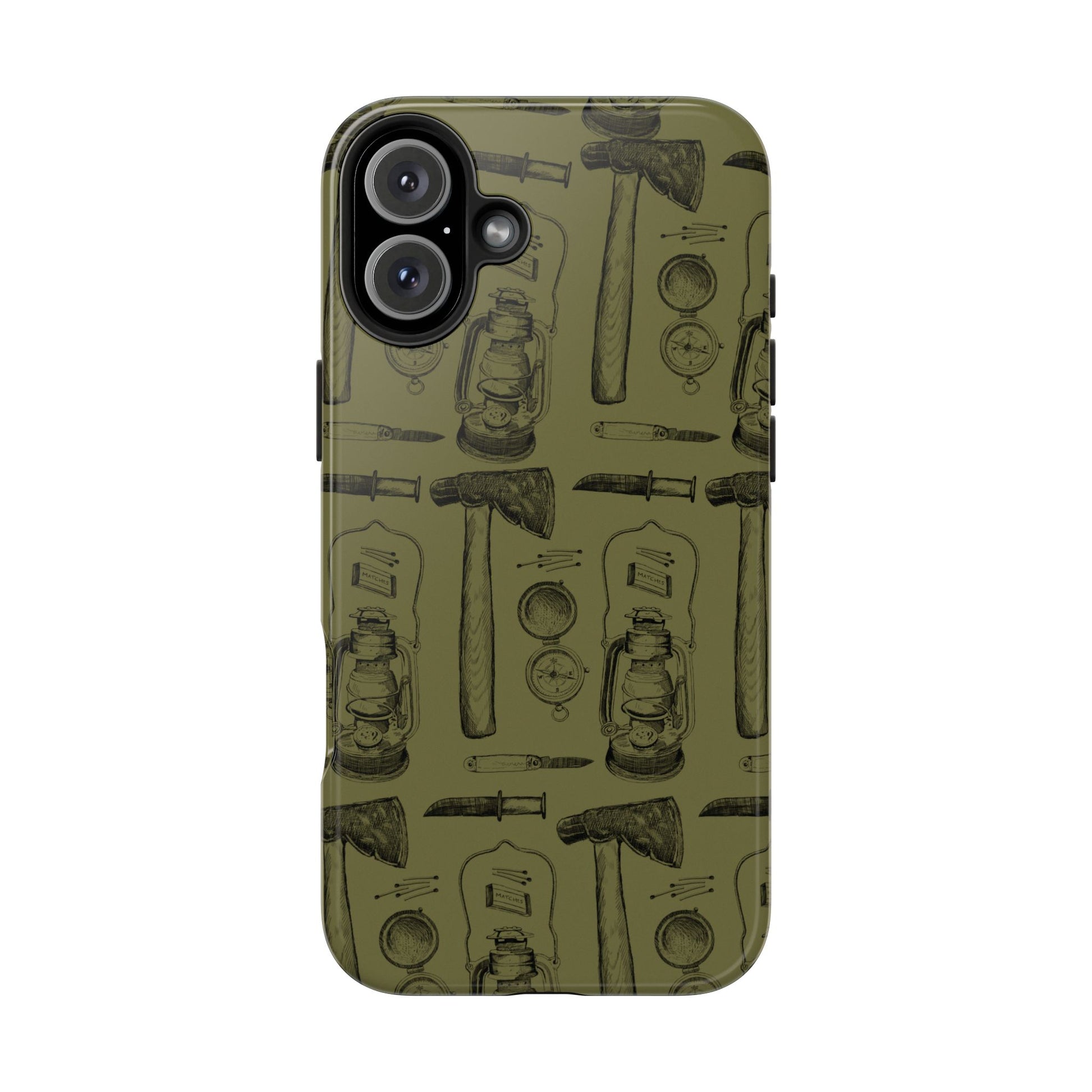 The Survivalist illustrated vintage survival gear pattern design for Phone Case by Kempain-iPhone 16 Plus