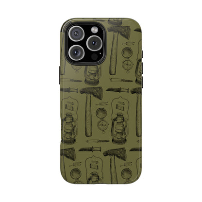 The Survivalist illustrated vintage survival gear pattern design for Phone Case by Kempain-iPhone 16 Pro Max