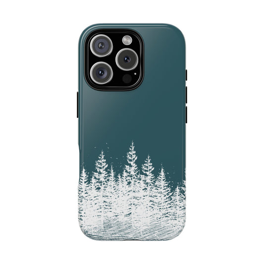 A green phone case with a tree illustration, featuring a landscape with trees and a clear view of the phone's camera module.