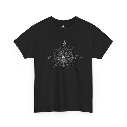The True North Compass 100 percent cotton Unisex T-Shirt by Kempain, Black, available in sizes Small through 5XL.