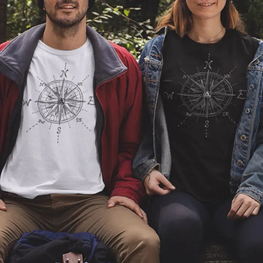 The True North Compass 100 percent cotton Unisex T-Shirt by Kempain, worn by male and female, available in sizes Small through 5XL.