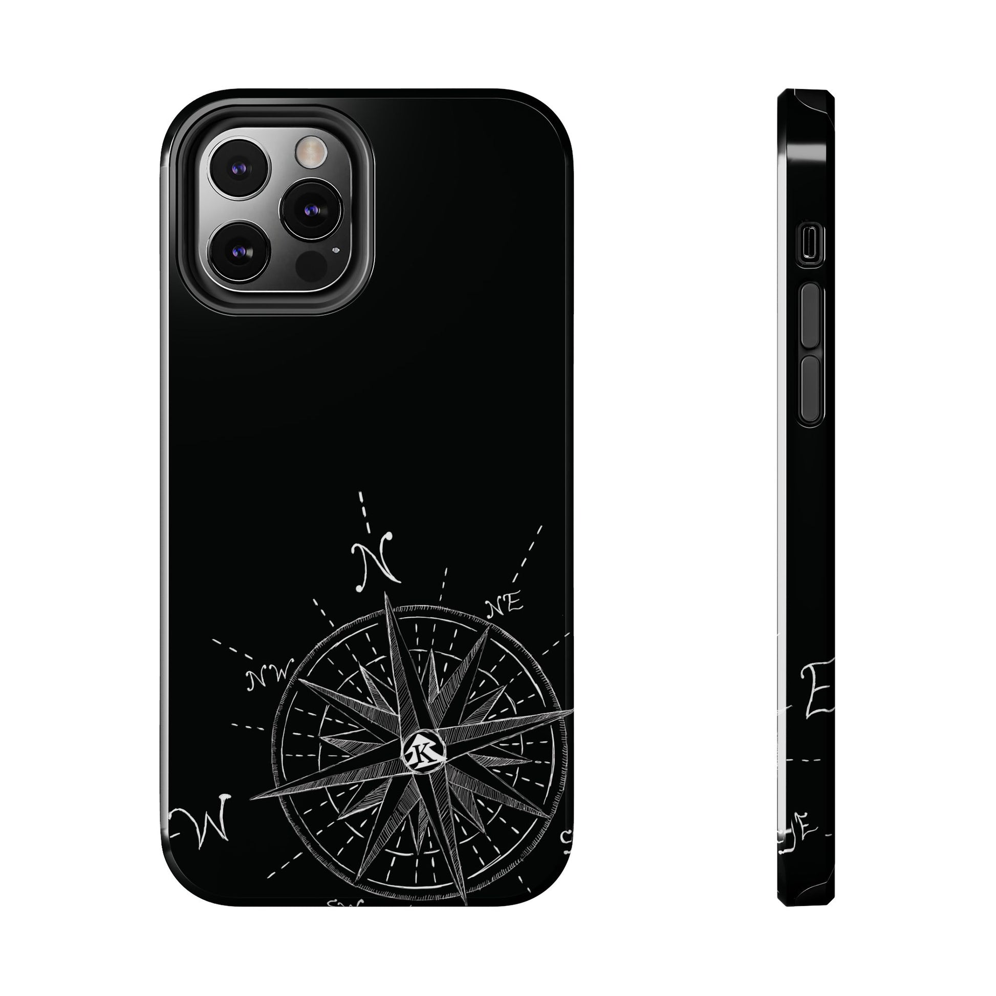 The True North black Phone Case featuring illustrated vintage compass rose by Kempain-iPhone 12 Pro.