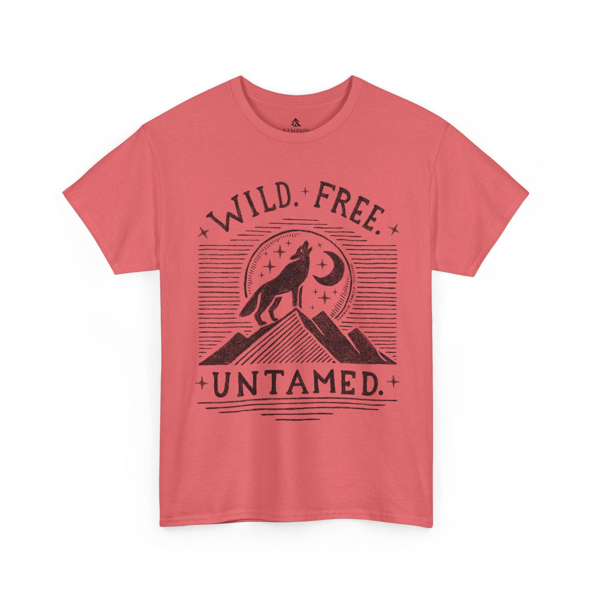 The Untamed Wolf 100 percent cotton Women’s T-Shirt by Kempain, in Coral Silk, available in sizes Small through 5XL.