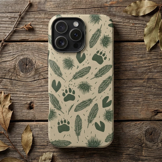 Flat lay of Feathers, Fur & Footprints Phone Case on barn wood, displaying the full front design with hand-drawn animal tracks, feathers, and fur textures.
