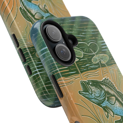 iPhone 16 case with fishing-themed design featuring a largemouth bass and under lily pads close up view on a white background