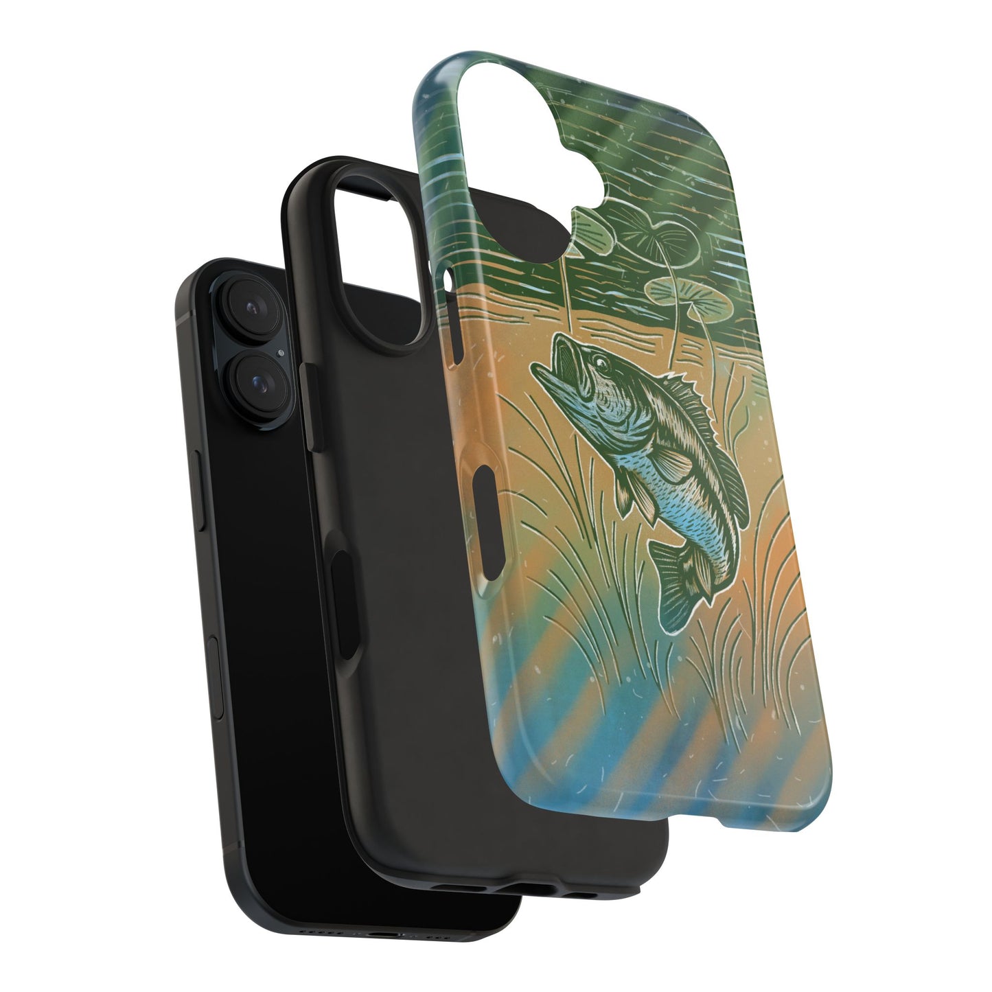 iPhone 16 exploded view case with fishing-themed design featuring a largemouth bass and under lily pads on a white background showcasing he rubber liner and exterior hard shell.