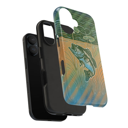 iPhone 16 exploded view case with fishing-themed design featuring a largemouth bass and under lily pads on a white background showcasing he rubber liner and exterior hard shell.