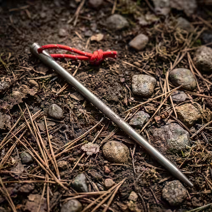 Titanium Metal tent spike with a red string tied around it lying on a forest floor covered in pine needles, soil, and small rocks.