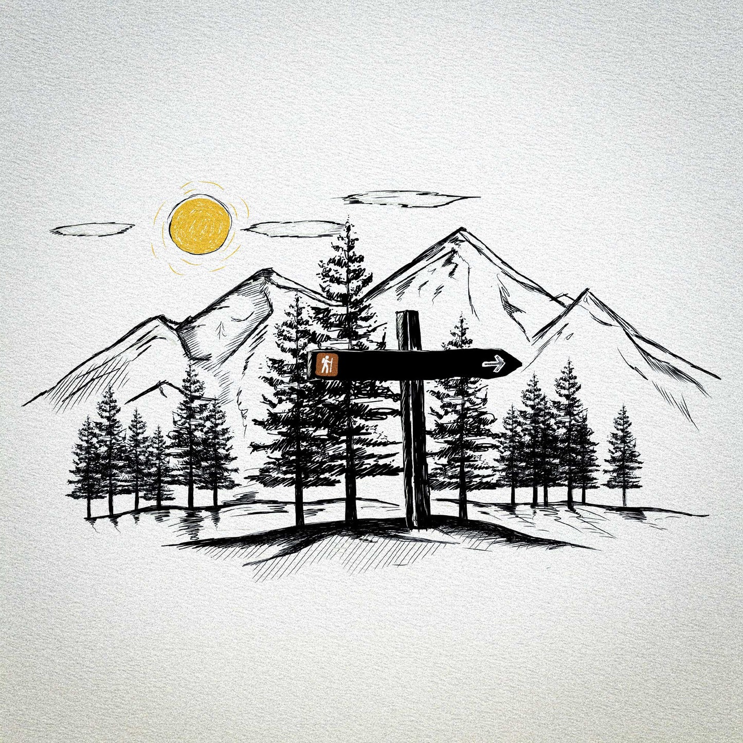 Hand-drawn landscape with mountains, trees, and a signpost sign on a textured white background by Jordan Kempain used on The Expedition Signpost water bottle.