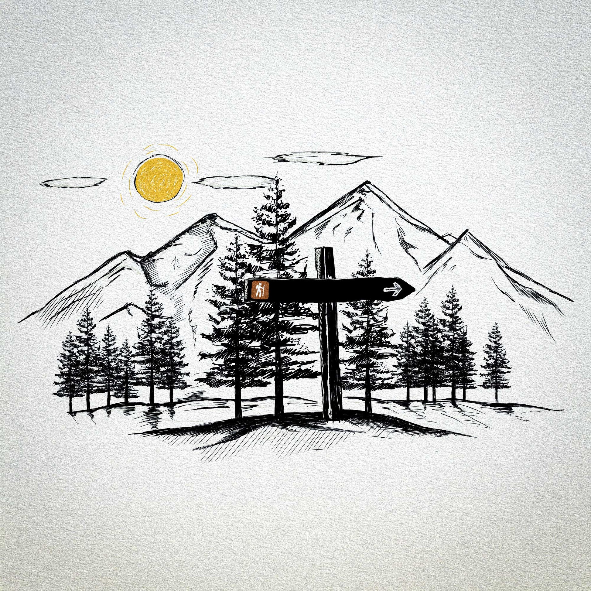 Hand-drawn landscape with mountains, trees, and a signpost sign on a textured white background by Jordan Kempain used on The Expedition Signpost water bottle.