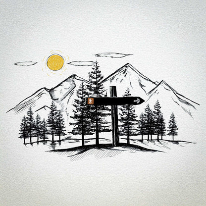 Hand-drawn landscape with mountains, trees, and a signpost sign on a textured white background by Jordan Kempain used on The Expedition Signpost water bottle.