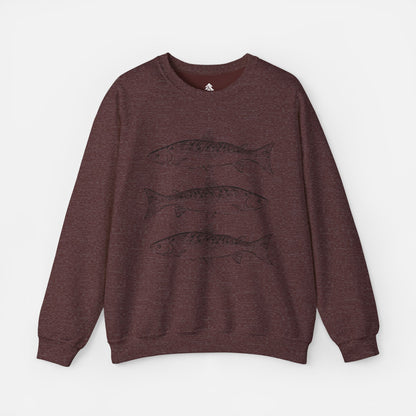 Rustic Trout Sweatshirt in maroon on a white background, featuring a detailed trout illustration, perfect for anglers, fishermen, and outdoor enthusiasts.