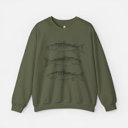 Rustic Trout Sweatshirt in military green on a white background, featuring a detailed trout illustration, perfect for anglers, fishermen, and outdoor enthusiasts.