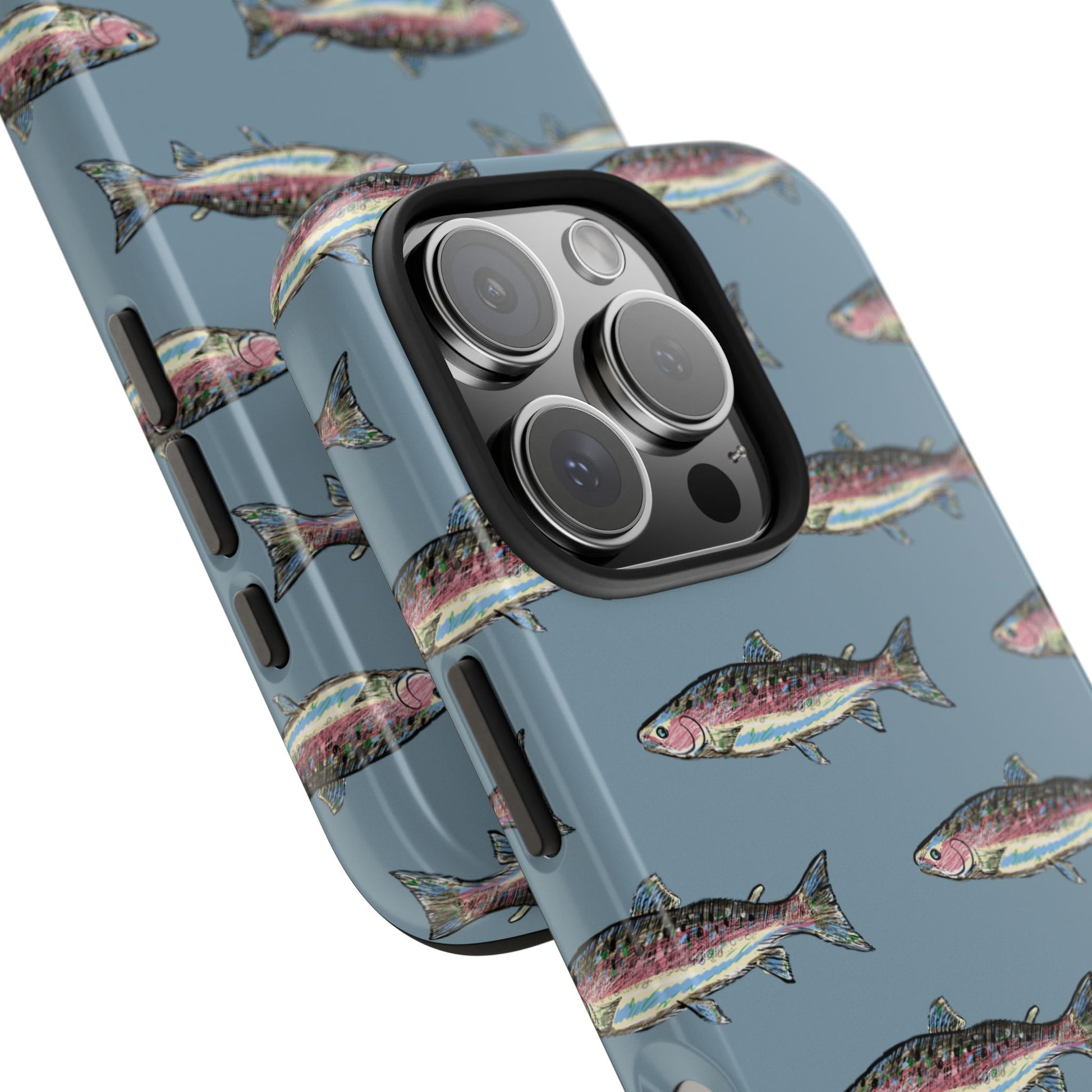 Close up of iPhone case with Illustrated rainbow trout design on a white background.  Compatible with iPhone and Samsung Models. 
