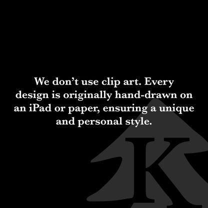 Image displaying text: We don’t use clip art. Every design is originally hand-drawn on an iPad or paper, ensuring a unique and personal style. Highlighting the custom, hand-drawn nature of Kempain Family Outfitters' designs.