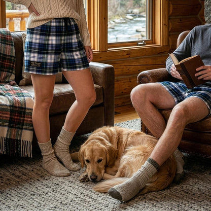 Blue and Black Unisex Plaid shorts with a drawstring by Vermont Flannel Company worn by a female and male model in lodge  setting.