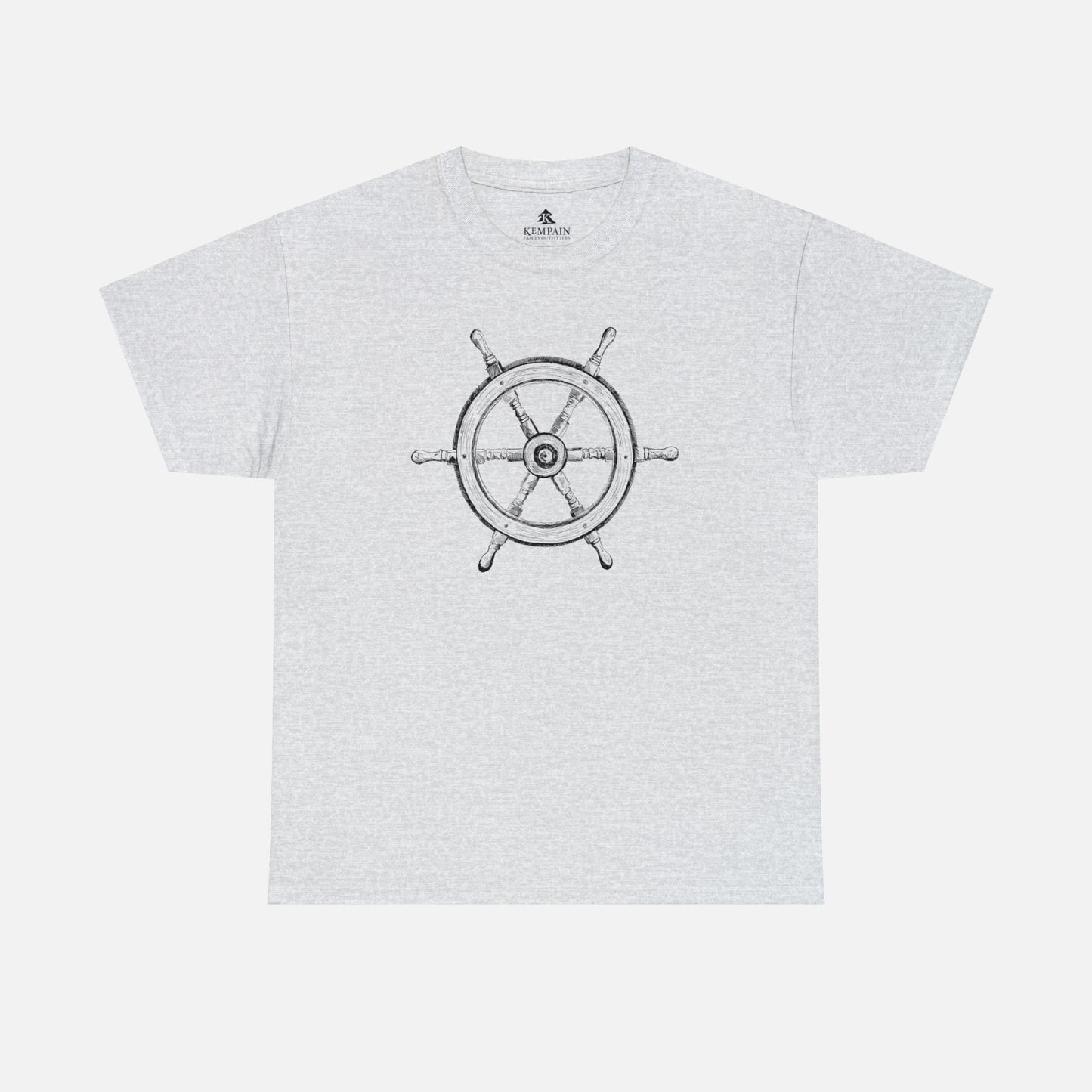 Vintage ship wheel graphic t-shirt in ash on what background.