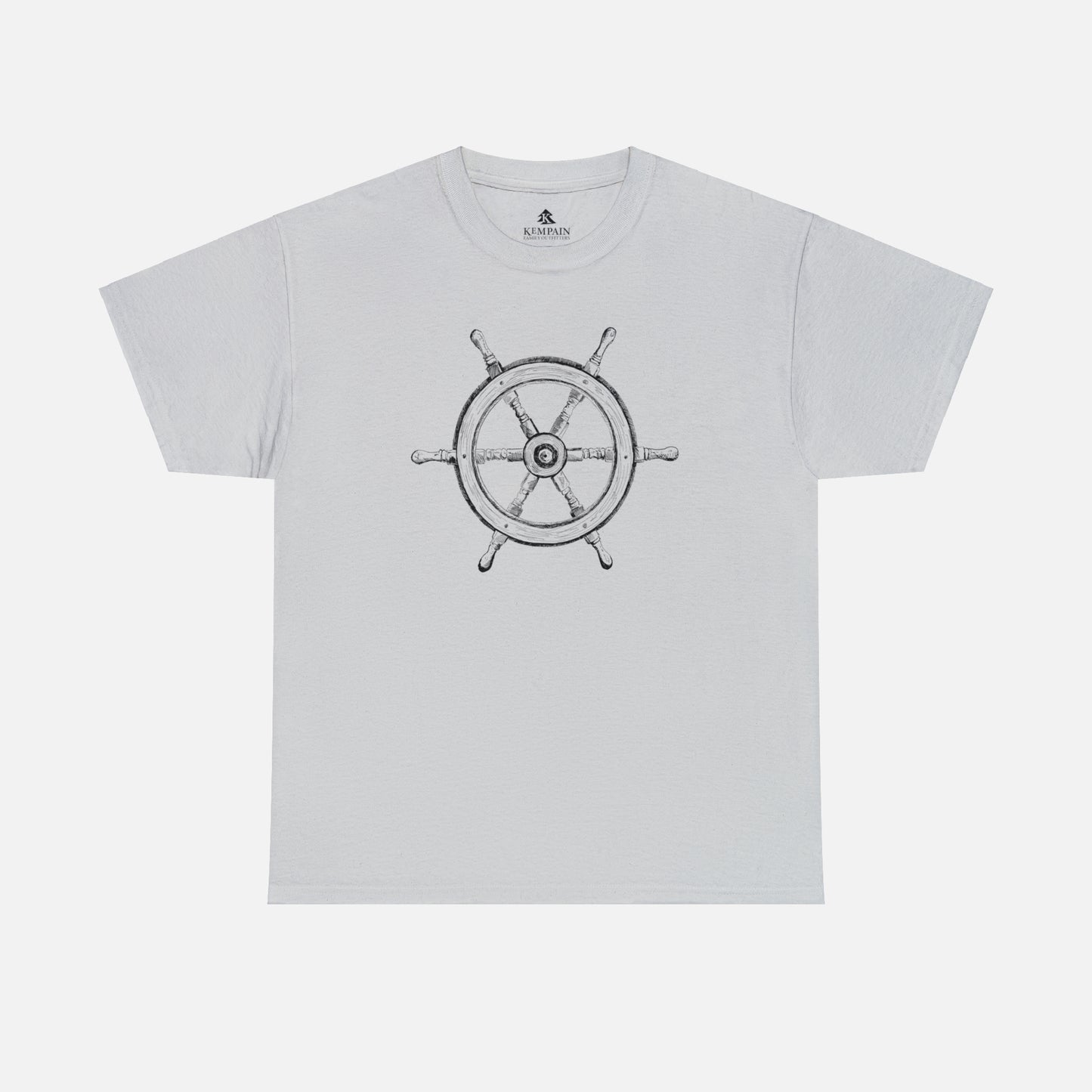 Vintage ship wheel graphic t-shirt in ice grey on what background.