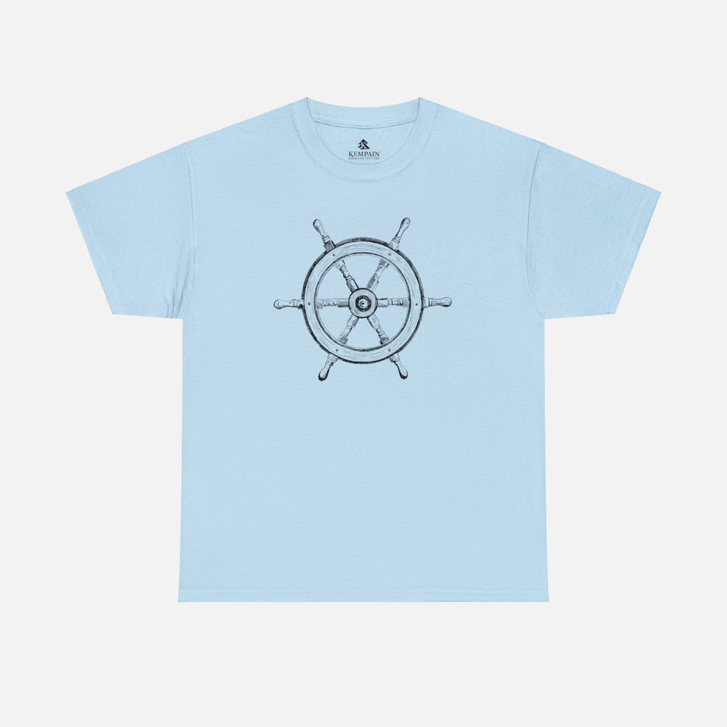 Vintage ship wheel graphic t-shirt in light blue on what background.
