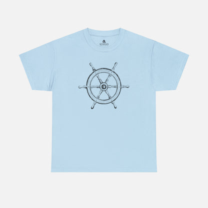 Vintage ship wheel graphic t-shirt in light blue on what background.