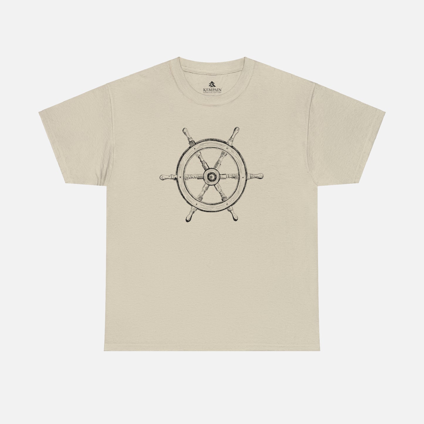 Vintage ship wheel graphic t-shirt in sand color on what background.
