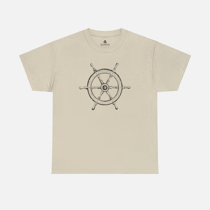 Vintage ship wheel graphic t-shirt in sand color on what background.