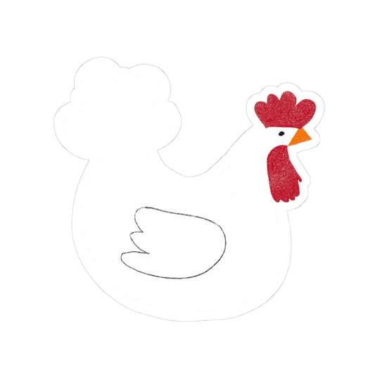 Cartoon white leghorn chicken sticker with a red comb on a white background