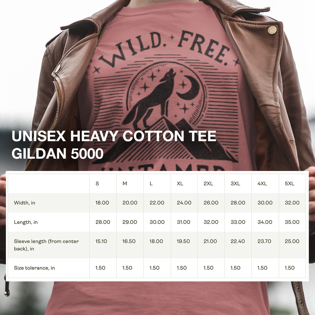 Size chart for Wild. Free. Untamed. Wolf Howling Tee, providing detailed measurements for a comfortable and relaxed fit.