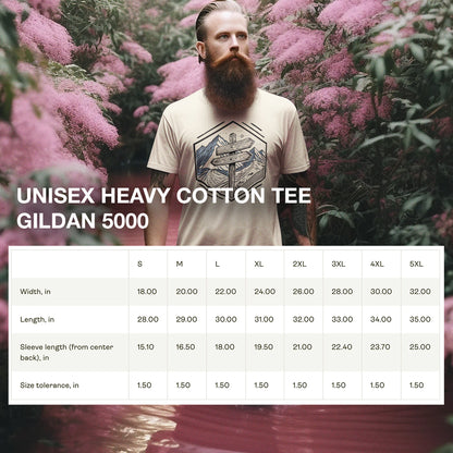 Size chart for the Wilderness Way Trail Sign T-Shirt, providing accurate measurements for a comfortable fit.