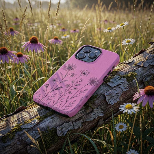 Pink phone case with floral design on a wooden log in a field of flowers