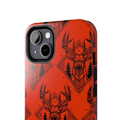 Top view of Antler Buck pattern iPhone Case in orange, front view on a white background, featuring a bold antler and buck design for hunters. Buck is framed by pine trees and geometric shape with hand drawn design.