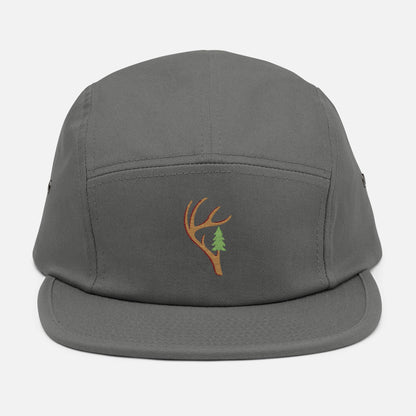 Front view of the Antler & Pine embroidered 5-panel grey hat on a white background, featuring a unique antler turning into a pine tree design centered on the panel.