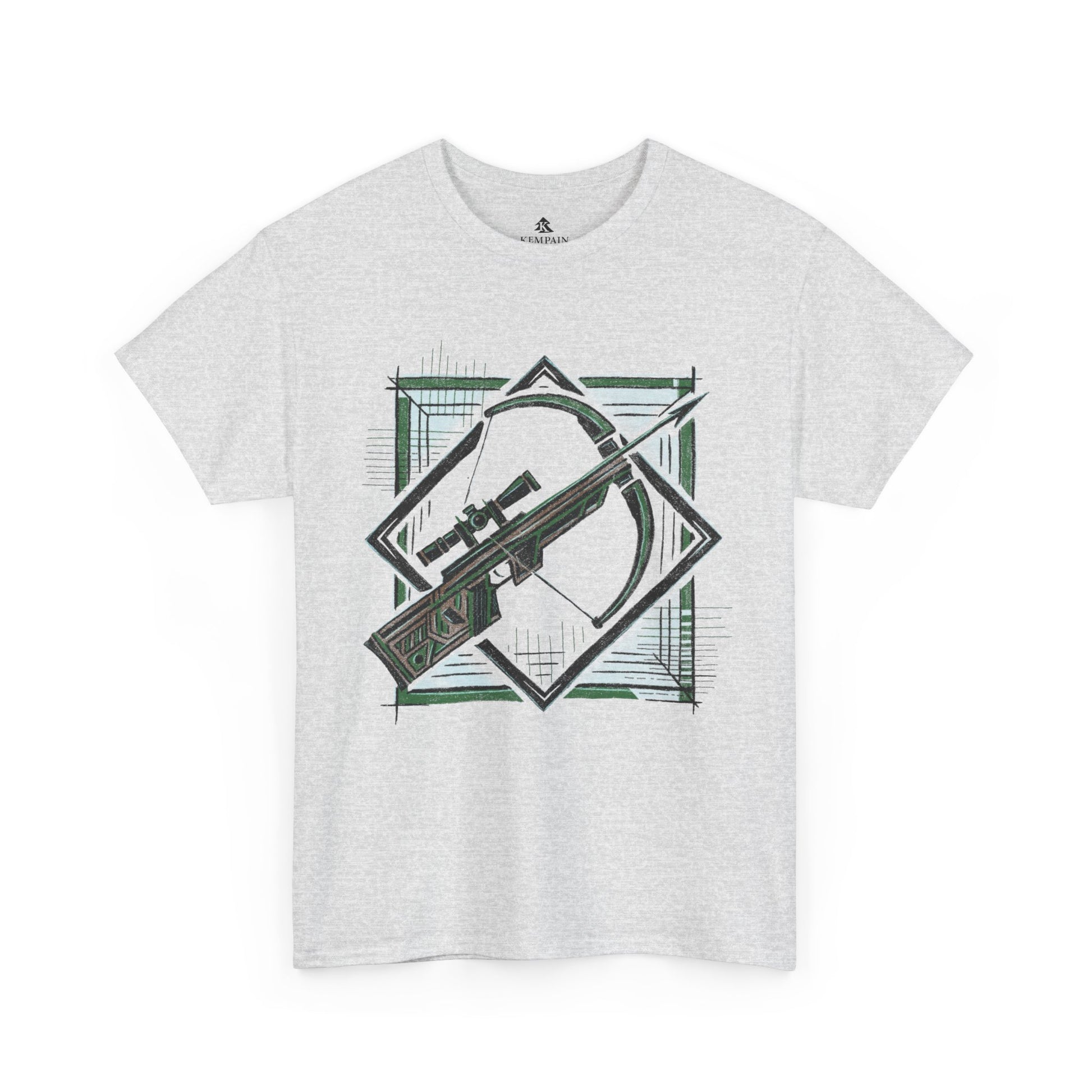 Ash Geometric Crossbow T-Shirt displayed flat on a white background, highlighting its modern archery-inspired design.