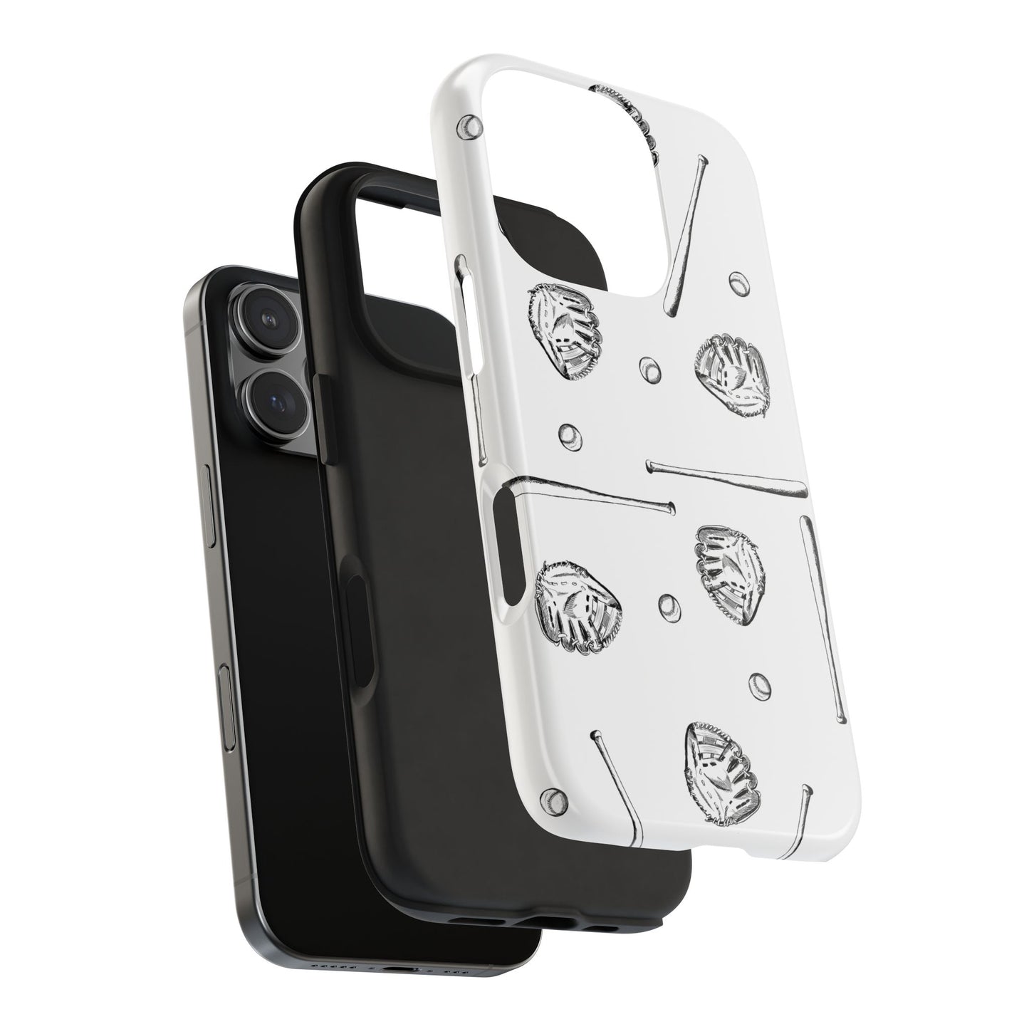 Phone case featuring a baseball-themed pattern with gloves, balls, and bats, designed for iPhone and Samsung models, perfect for sports fans and baseball enthusiasts.