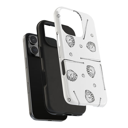 Phone case featuring a baseball-themed pattern with gloves, balls, and bats, designed for iPhone and Samsung models, perfect for sports fans and baseball enthusiasts.