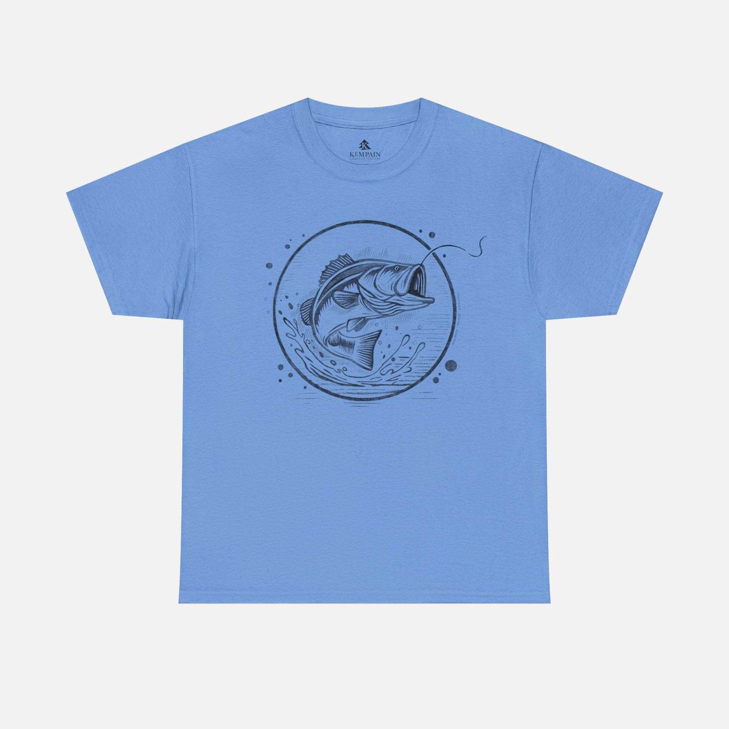 Bass Jumping Geometric Tee in blue on a white background, showcasing a dynamic fish design for outdoor adventurers and nature lovers.