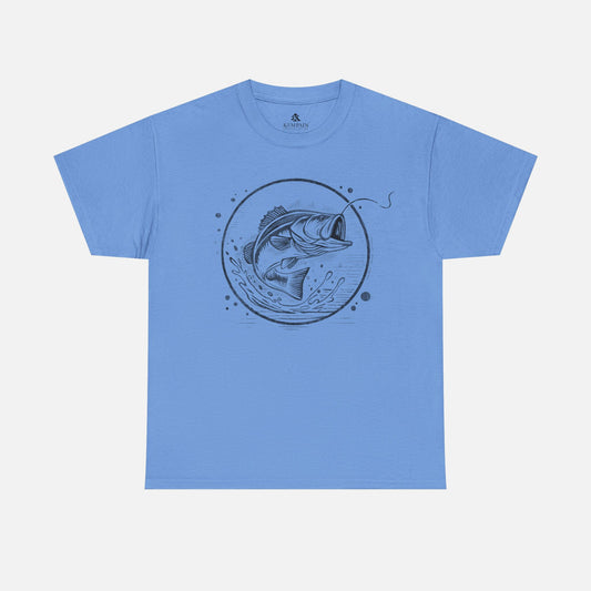 Bass Jumping Geometric Tee in blue on a white background, showcasing a dynamic fish design for outdoor adventurers and nature lovers.