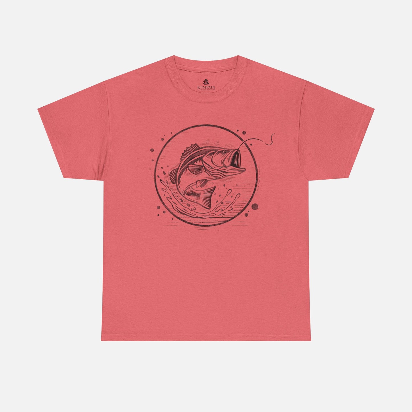 Bass Jumping Geometric Tee in coral on a white background, showcasing a dynamic fish design for outdoor adventurers and nature lovers.