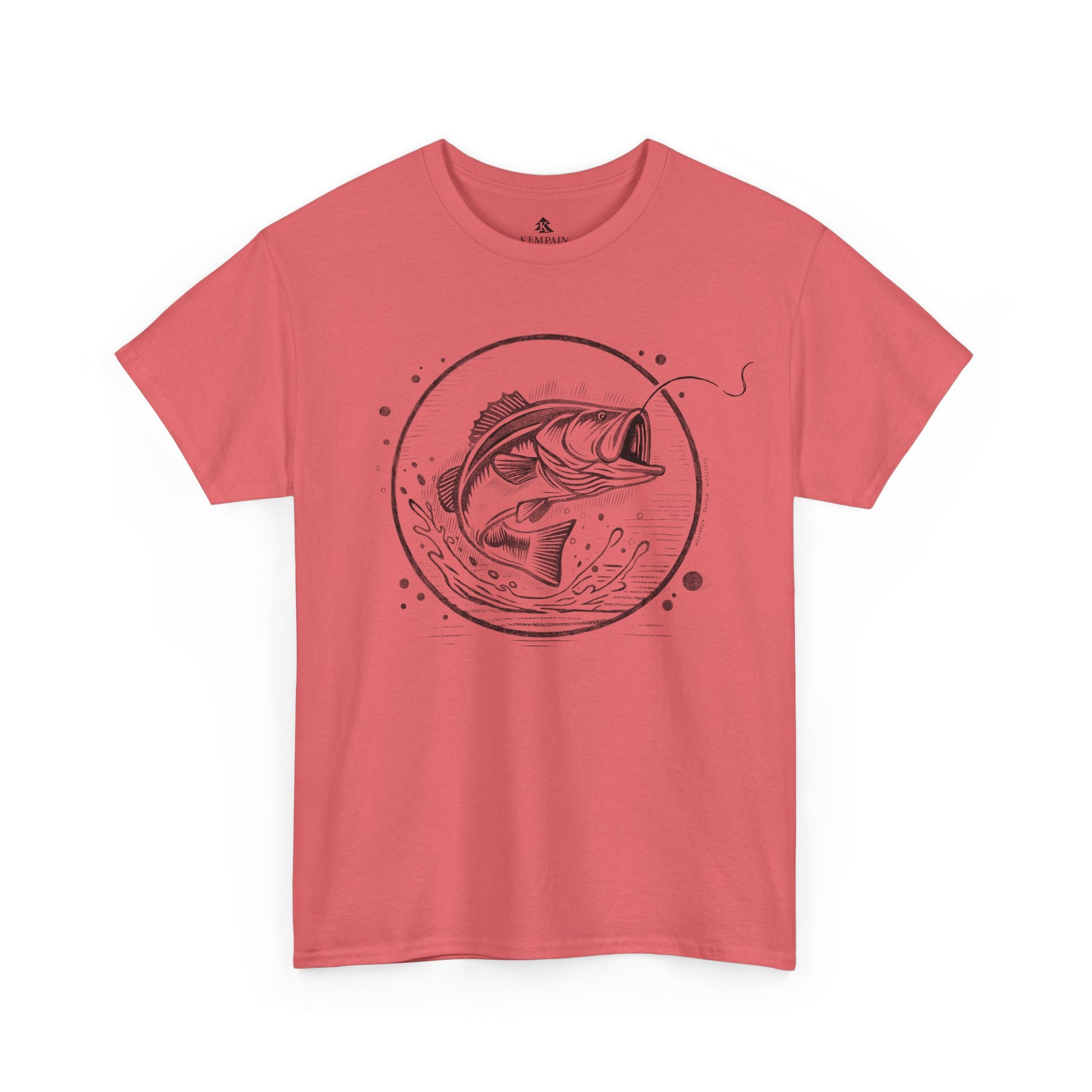 Bass Jumping Geometric Tee in coral on a white background, showcasing a dynamic fish design for outdoor adventurers and nature lovers.